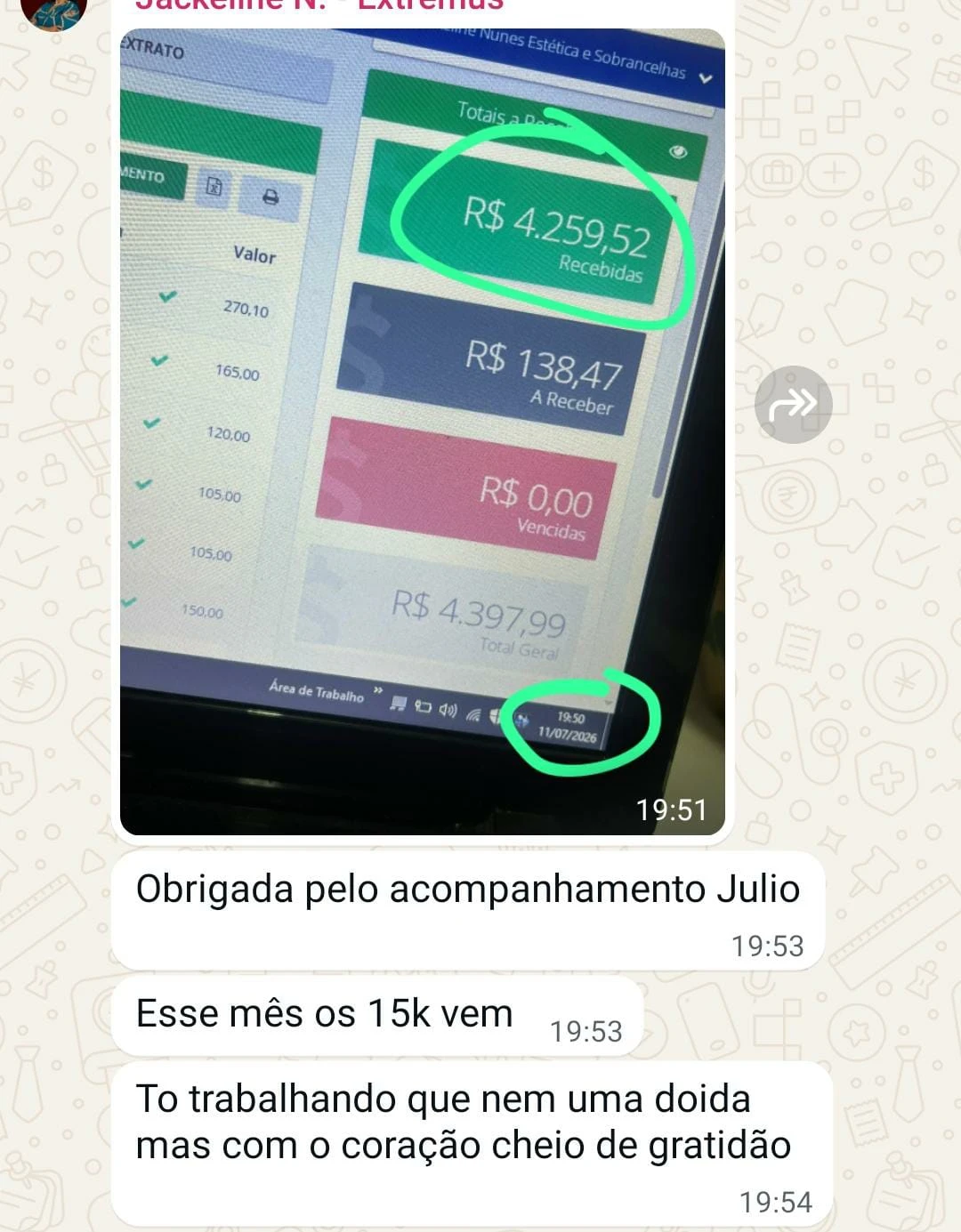 Jackeline: R$ 4.259,52 recebidos, indo em direção aos 15 mil no mês