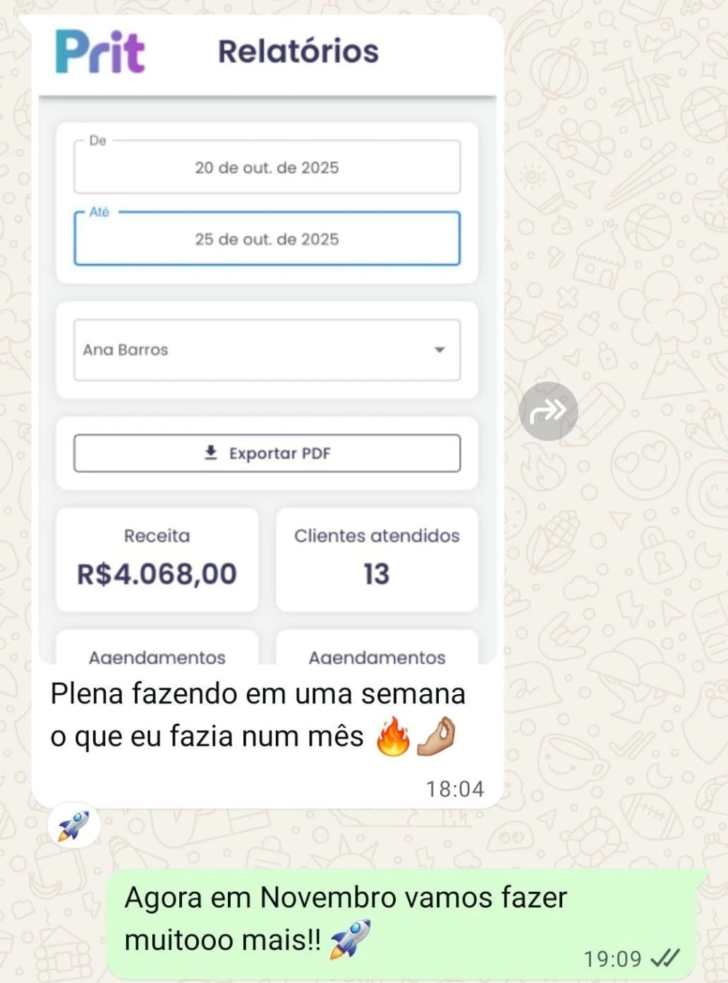 Receita de R$ 4.068 com 13 clientes em uma semana